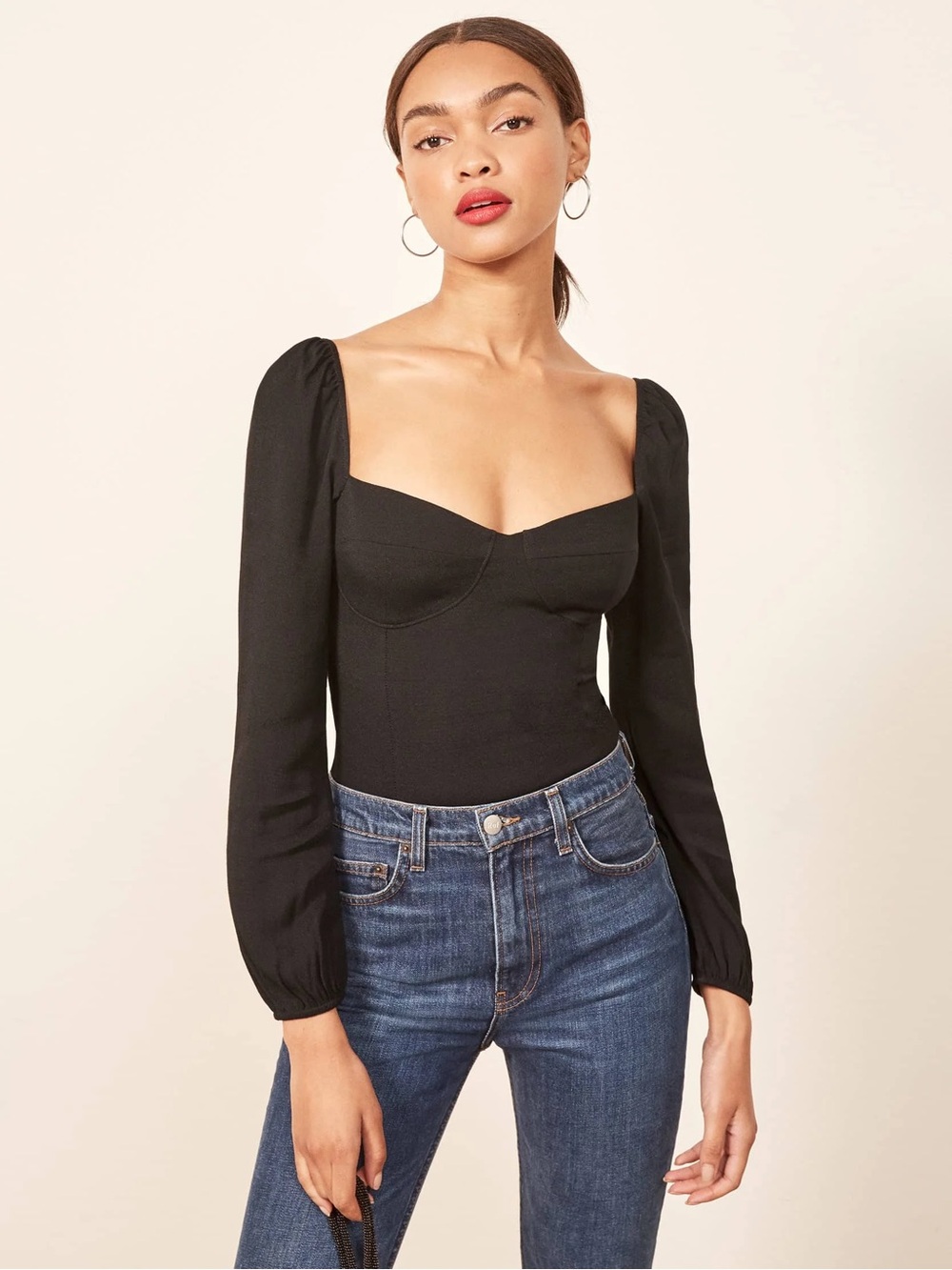 Reformation Reign Black Long-Sleeve Sweetheart Square Neck Top
